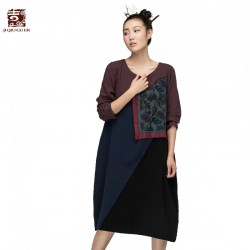 Jiqiuguer long-sleeve basic color block patchwork dress in one-piece dress100 percent ethnic maxi Loose vintage dresses G154Y004