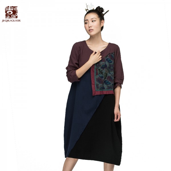 Jiqiuguer long-sleeve basic color block patchwork dress in one-piece dress100 percent ethnic maxi Loose vintage dresses G154Y004
