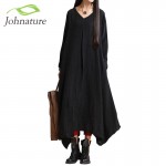 Johnature 2017 Spring New Women Black Color Casual Dress Robe Long Sleeve V Neck Loose Brief Plus Size Irregular Long Dress Gown