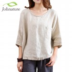 Johnature 2017 Spring New Women T-Shirts Original Half Sleeve Cotton Linen O-Neck Loose Casual High Quality Summer Top