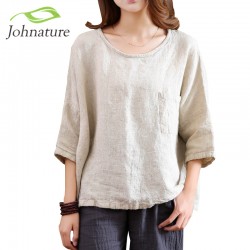Johnature 2017 Spring New Women T-Shirts Original Half Sleeve Cotton Linen O-Neck Loose Casual High Quality Summer Top