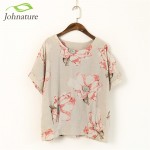 Johnature 2017 Summer New Women Print Flower Round Neck Cotton Linen Short Sleeve T-Shirt Loose Vintage Girl Top