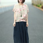 Johnature 2017 Summer New Women Print Flower Round Neck Cotton Linen Short Sleeve T-Shirt Loose Vintage Girl Top