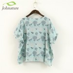 Johnature 2017 Summer Short Sleeve Women T-Shirts Linen Cotton Tops Loose Flower Print O-Neck Japanese Style Vintage Shirt