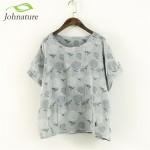 Johnature 2017 Summer Short Sleeve Women T-Shirts Linen Cotton Tops Loose Flower Print O-Neck Japanese Style Vintage Shirt