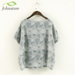 Johnature 2017 Summer Short Sleeve Women T-Shirts Linen Cotton Tops Loose Flower Print O-Neck Japanese Style Vintage Shirt