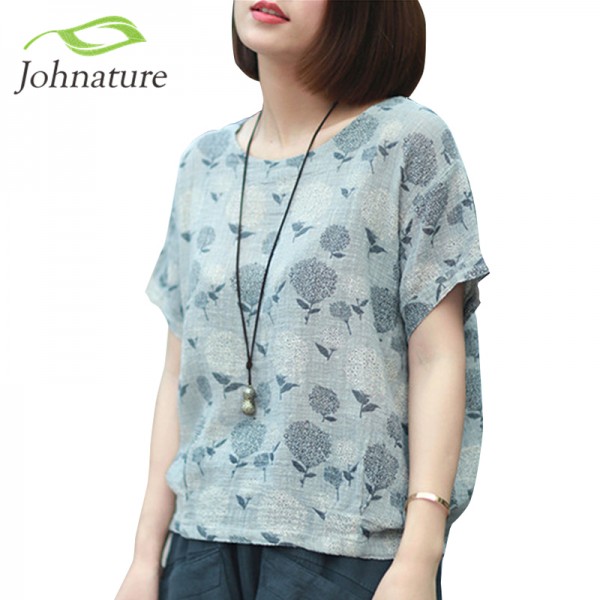 Johnature 2017 Summer Short Sleeve Women T-Shirts Linen Cotton Tops Loose Flower Print O-Neck Japanese Style Vintage Shirt