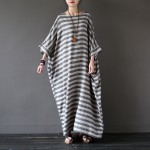 Johnature 2018 New Autumn Vintage Batwing Sleeve Striped Half Sleeve Loose Cotton Linen Robe Washed Long Maxi Dress