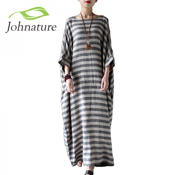 Johnature 2018 New Autumn Vintage Batwing Sleeve Striped Half Sleeve Loose Cotton Linen Robe Washed Long Maxi Dress