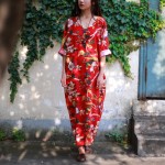 Johnature Floral Flower Pint V-neck Cotton Linen Vintage Dress Three Quarter Sleeve Women Plus Size Loose 2017 New Spring Robe