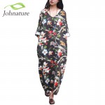 Johnature Floral Flower Pint V-neck Cotton Linen Vintage Dress Three Quarter Sleeve Women Plus Size Loose 2017 New Spring Robe