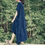 Johnature Spring Summer 2017 New Women Cotton Linen Robes Short Sleeve Round Neck Loose Gown Plus Size Irregular Casual Dress