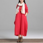 Johnature Women Dress Cotton Linen Loose 2018 Autumn New Casual Women Clothes 3 Colour Brief Double O-Neck Dresses