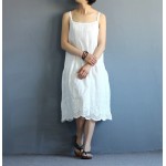 Johnature Women Dress Cute Solid Colour Cute 2017 Summer New Casual Sleeveless Hollow Out Spaghetti Strap Mori Girl Fold Dresses