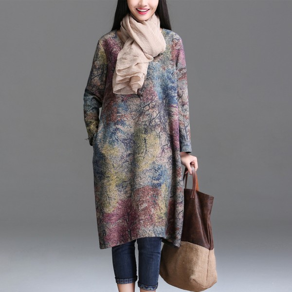 Johnature Women Dress Vintage 2018 Spring New Plus Size Women Clothes Loose Korean Fashion Cotton Robe Print Floral Warm Dress