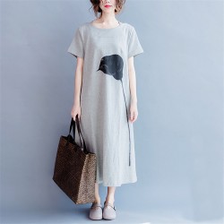 Johnature Women Long Dress Brief Casual Loose 2018 Summer New Fashion Gray Women Clothes Cotton Cute Dresses