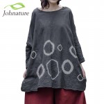Johnature Women Plus Size Shirts O-Neck Long Sleeve Vintage 2017 New Spring Women Cotton Linen Loose Tie Dye Circle Top