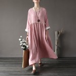 Johnature Women Vintage Dress Patckwork 2018 Autumn New Casual O-Neck Fold Loose Double Cotton Long Sleeve Warm Robes Dresses