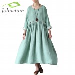 Johnature Women Vintage Dress Patckwork 2018 Autumn New Casual O-Neck Fold Loose Double Cotton Long Sleeve Warm Robes Dresses