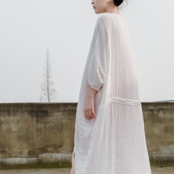 Johnature Women White Dress Robes 2018 New Original New Autumn Loose O-Neck Cotton Maxi Dress Solid Embroidery