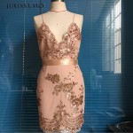 Julissa Mo 2018 Vestidos Women Summer Dresses Elegant Sexy V Neck Vintage Gold Sequined  Evening Bandage Bodycon Party Dress