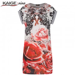 KAIGE NINA Casual T-shirt Dress Women Fashion Print Mini Dress Summer Short Sleeve Plus Size Chiffon Dress Cotton Vestidos 0762D