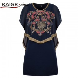 KAIGE .nina New  Summer Style Women Vintage Dress Diamonds Decor Floral Print Casual Loose Chiffon Dresses 815#-1
