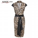 KAIGE .nina New Women Summer Elegant Synthetic Leather Belt  Tunic Tropical Print Business Party Sheath Dress 2299