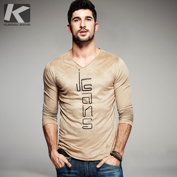 KUEGOU 2017 Spring Mens Fashion T-Shirts Letter Brand Clothing Man's Long Sleeve Slim Fit T Shirts Wear Tops Tees Plus Size 2033