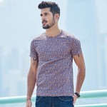 KUEGOU Summer Mens 100% Cotton T Shirts Purple Flower Bird Print Brand Clothing Man's Short Sleeve Slim T-Shirts Tops Tees 8293