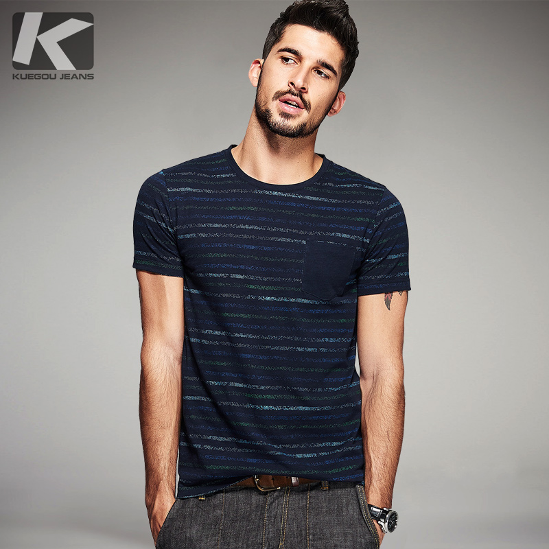 KUEGOU Summer Mens Fashion T Shirts 100% Cotton Striped Brand Clothing Man's Short Sleeve T Shirts Male Wear Tops Tees 8123