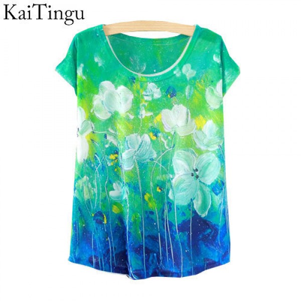 KaiTingu 2015 New Fashion Vintage Spring Summer T Shirt Women Tops Print T-shirt Green Floral Printed White Woman Clothes