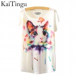 KaiTingu 2016 Brand New Fashion Summer White Harajuku T Shirt Women Tops Three Cats Print Short Sleeve T-shirt Free Shipping