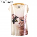 KaiTingu 2016 Brand New Fashion Summer White Harajuku T Shirt Women Tops Three Cats Print Short Sleeve T-shirt Free Shipping