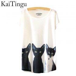KaiTingu 2016 Brand New Fashion Summer White Harajuku T Shirt Women Tops Three Cats Print Short Sleeve T-shirt Free Shipping