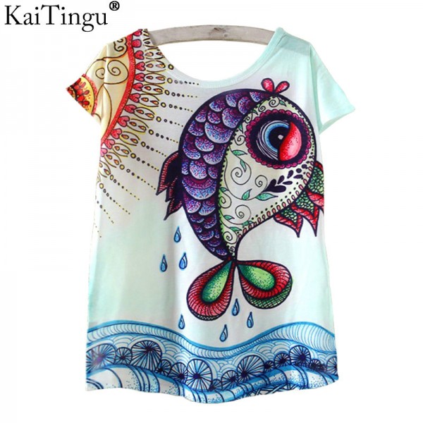 KaiTingu Novelty T Shirt Summer Harajuku Kawaii Cute Fish Animal Panda Print T-shirt Short Sleeve T Shirt Women Tops Plus Size