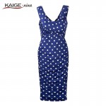 Kaige.Nina New Retro-Chic Fashion Summer style Women Bodycon Dress Sleeveless Blue Polka Dot Print Elegant Party Dress Plus Size
