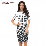 Kaige.Nina New Sale Womens Summer Elegant Tartan O Neck Tunic Wear To Work Business Casual Party Pencil Sheath Dress 2184