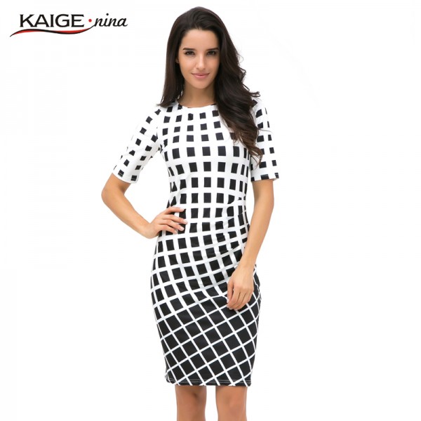 Kaige.Nina New Sale Womens Summer Elegant Tartan O Neck Tunic Wear To Work Business Casual Party Pencil Sheath Dress 2184