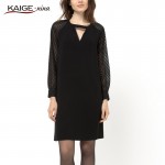 Kaige.Nina New Women's Fashion Sexy Black Pure Color Long Sleeve Lace Decoration Straight And Knees In The Summer Dress 1238