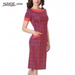 Kaige.Nina New Women's Fashion Short-sleeved Grid Style Without Decoration Round Collar Straight Knee Summer Dress 9109