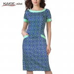 Kaige.Nina New Women's Fashion Short-sleeved Grid Style Without Decoration Round Collar Straight Knee Summer Dress 9109