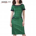 Kaige.Nina New Women's Fashion Short-sleeved Grid Style Without Decoration Round Collar Straight Knee Summer Dress 9109