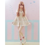 Kawaii Girls Lolita Short Sleeves One-piece Mini Dress Dots Pockets Cross Tie Cute Lace Trim