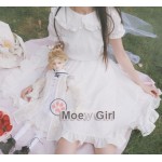 Kawaii Womens Lolita Angel Pure White Dress Simple Mori Girl Style Mid Length Ruffled Collar Cute