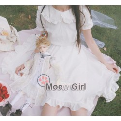 Kawaii Womens Lolita Angel Pure White Dress Simple Mori Girl Style Mid Length Ruffled Collar Cute