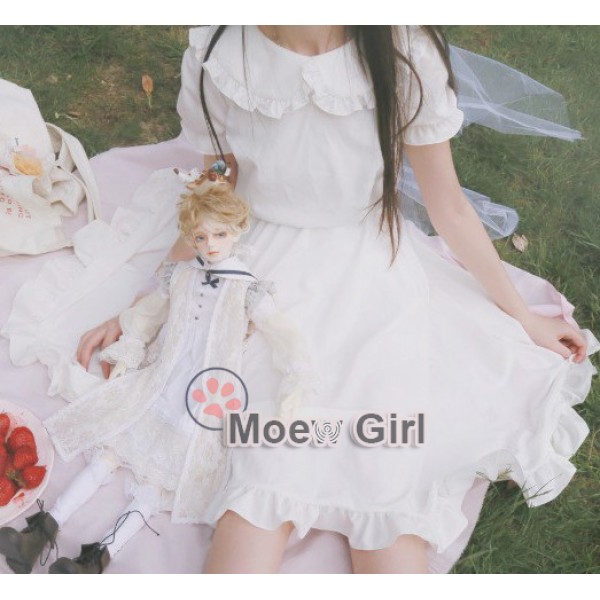 Kawaii Womens Lolita Angel Pure White Dress Simple Mori Girl Style Mid Length Ruffled Collar Cute