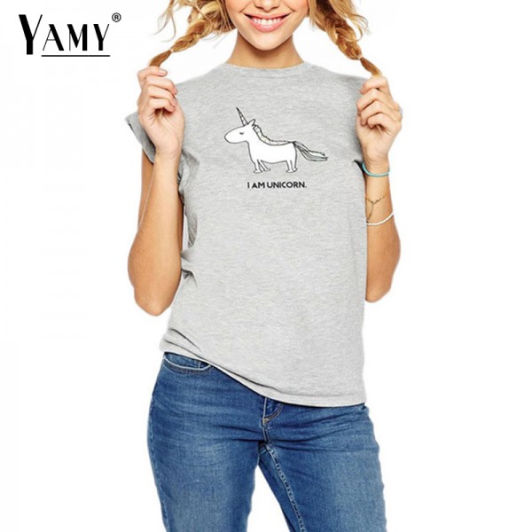 Kawaii cute Unicorn printed summer t shirt women tops short sleeve o-neck grey t-shirt cartoon clothing for women tees plus size