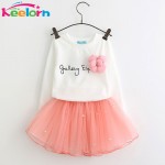 Keelorn Girls Dresses 2017 New Autumn Letter Long Sleeve T-shirt+pink Elegant Princess Dress Kids Clothes Girls Clothing Sets