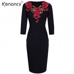 Kenancy 2XL 2 Colors Elegant Applique Red Flower Embroidery V-neck Office Dress Women 3/4 Sleeve Sheath Bodycon Vestidos Slim
